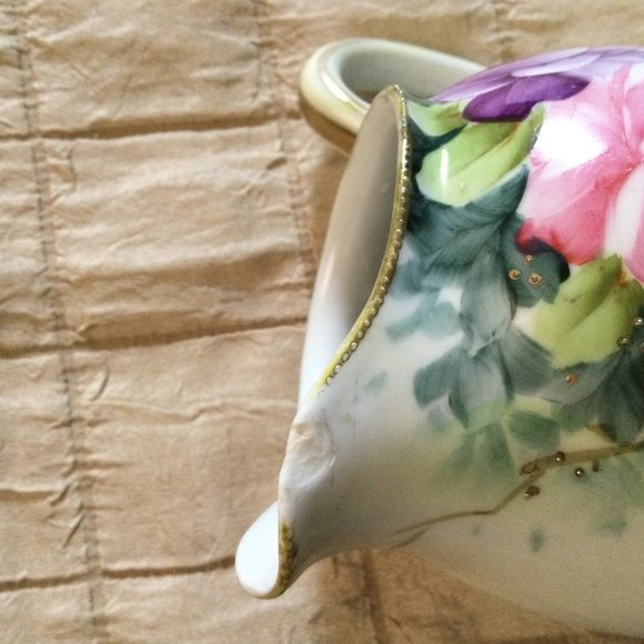 Vintage /antique Hand painted Nippon pitcher jar pink purple roses floral damage - Picture 5 of 7